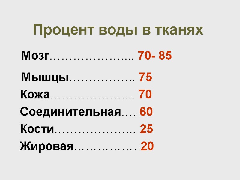 Процент воды в тканях    Мозг……………….... 70- 85    